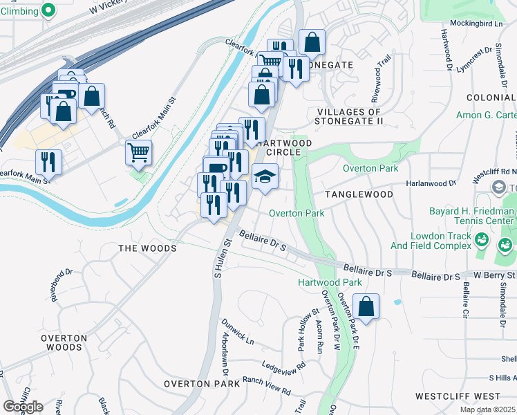 map of restaurants, bars, coffee shops, grocery stores, and more near 115 South Hulen Street in Fort Worth