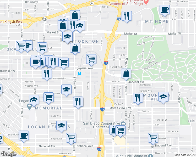 map of restaurants, bars, coffee shops, grocery stores, and more near 3355 Steel Street in San Diego