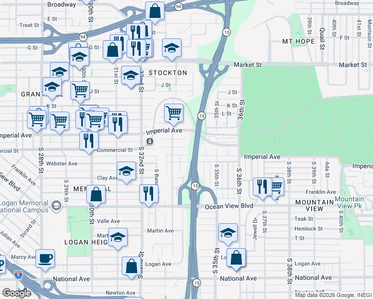 map of restaurants, bars, coffee shops, grocery stores, and more near 3355 Steel Street in San Diego