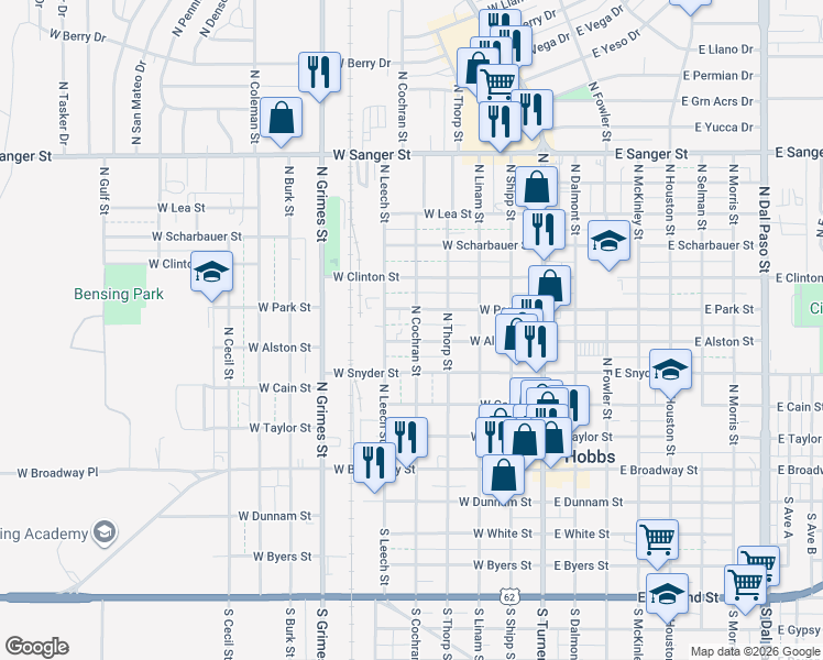 map of restaurants, bars, coffee shops, grocery stores, and more near West Park Street in Hobbs