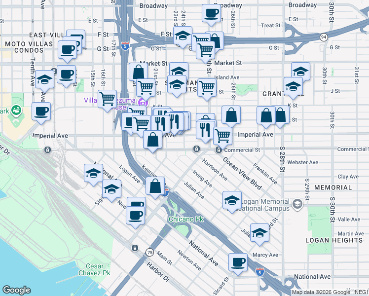 map of restaurants, bars, coffee shops, grocery stores, and more near 2 24th Street in San Diego
