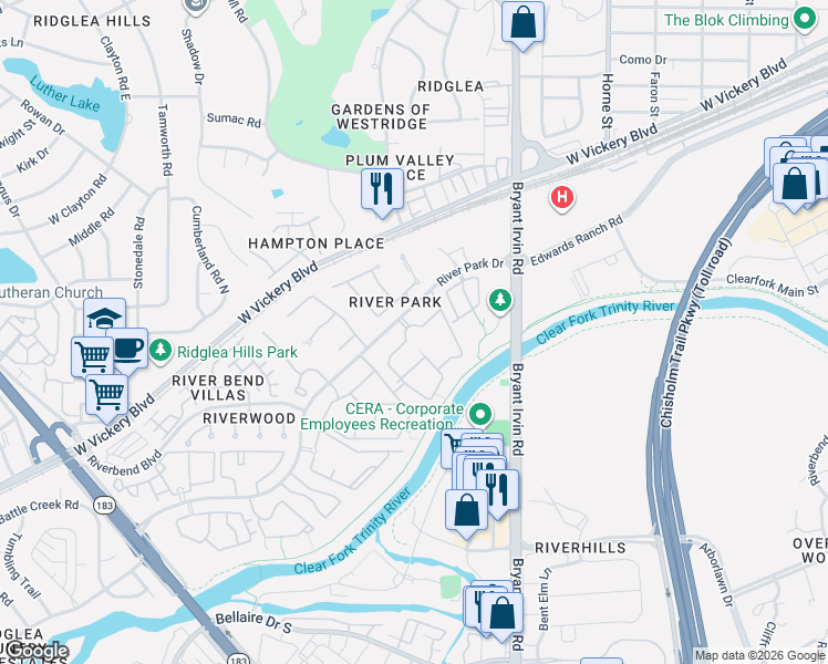 map of restaurants, bars, coffee shops, grocery stores, and more near 2717 River Forest Drive in Fort Worth
