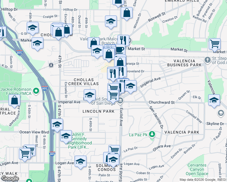 map of restaurants, bars, coffee shops, grocery stores, and more near 227 50th Street in San Diego