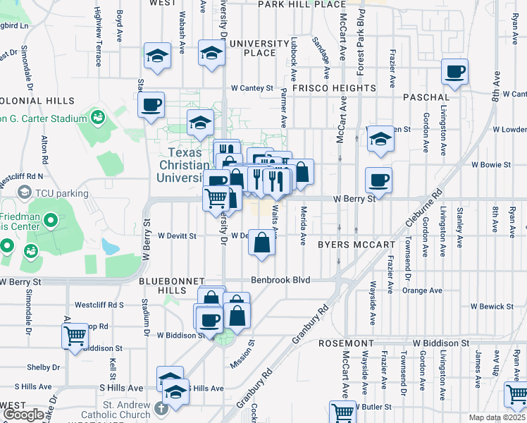 map of restaurants, bars, coffee shops, grocery stores, and more near 2525 West Berry Street in Fort Worth