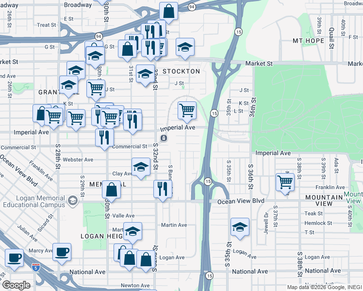 map of restaurants, bars, coffee shops, grocery stores, and more near 3281 Steel Street in San Diego