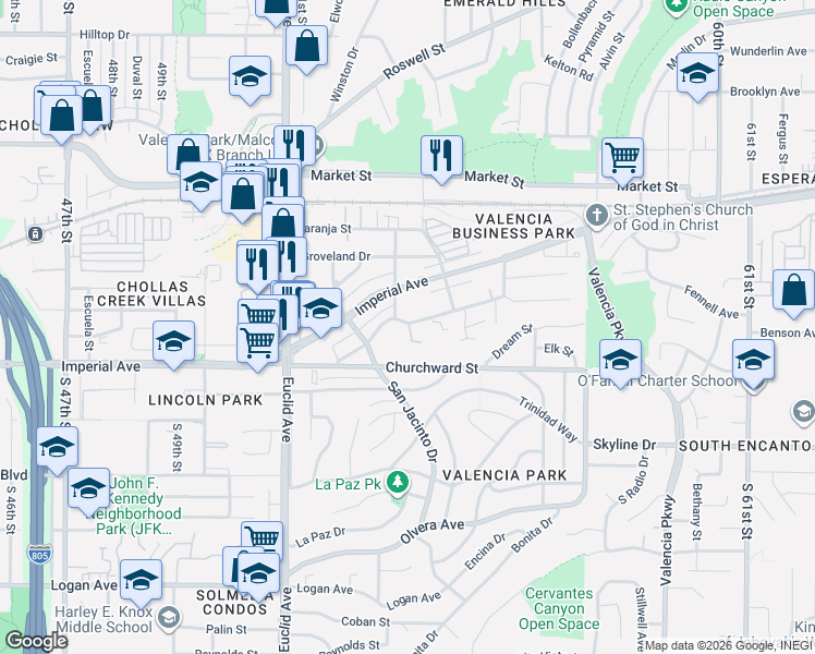 map of restaurants, bars, coffee shops, grocery stores, and more near 216 53rd Street in San Diego