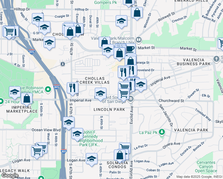 map of restaurants, bars, coffee shops, grocery stores, and more near 262 Willie James Jones Avenue in San Diego