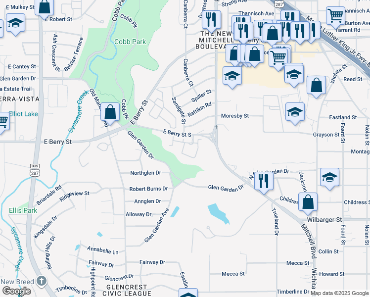 map of restaurants, bars, coffee shops, grocery stores, and more near 2450 E Berry St in Fort Worth