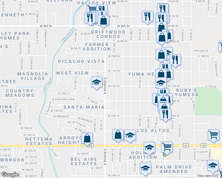 map of restaurants, bars, coffee shops, grocery stores, and more near 1200-1298 South Avenue A in Yuma
