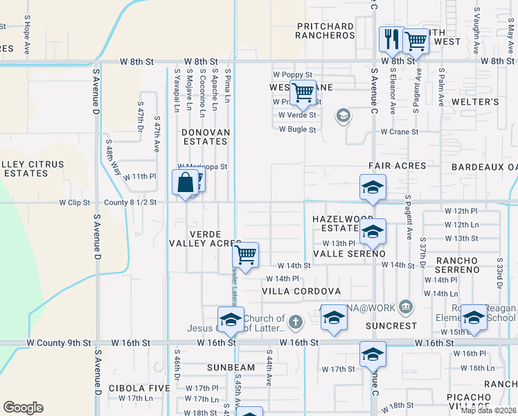 map of restaurants, bars, coffee shops, grocery stores, and more near 4384-4524 County 8 1/2 Street in Yuma