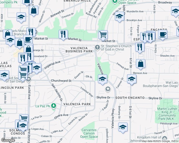 map of restaurants, bars, coffee shops, grocery stores, and more near 5685 Santa Margarita Street in San Diego
