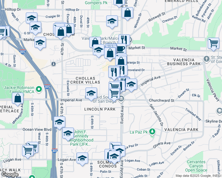 map of restaurants, bars, coffee shops, grocery stores, and more near 244 50th Street in San Diego