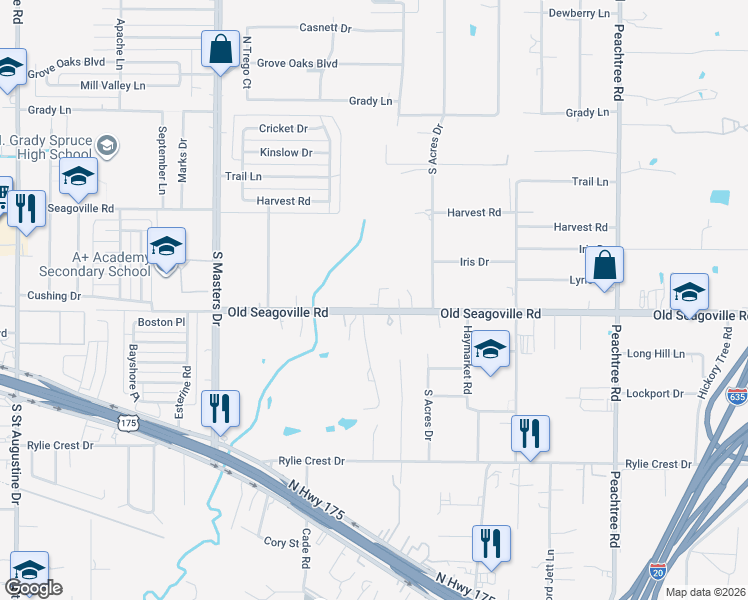 map of restaurants, bars, coffee shops, grocery stores, and more near 10603 Seagoville Road in Dallas