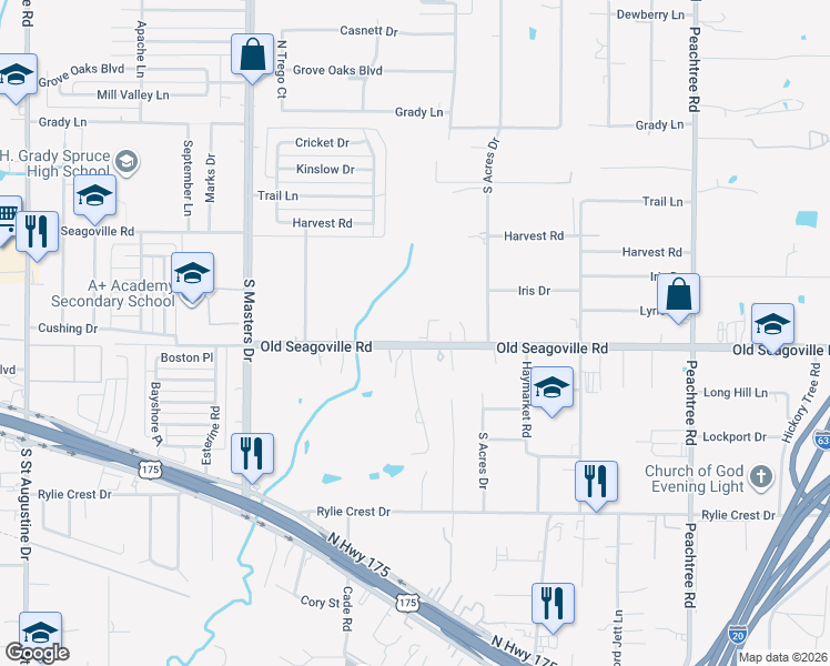 map of restaurants, bars, coffee shops, grocery stores, and more near 10603 Seagoville Road in Dallas
