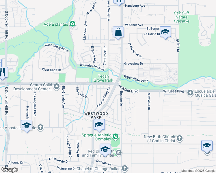 map of restaurants, bars, coffee shops, grocery stores, and more near 1008 Spruce Valley Lane in Dallas