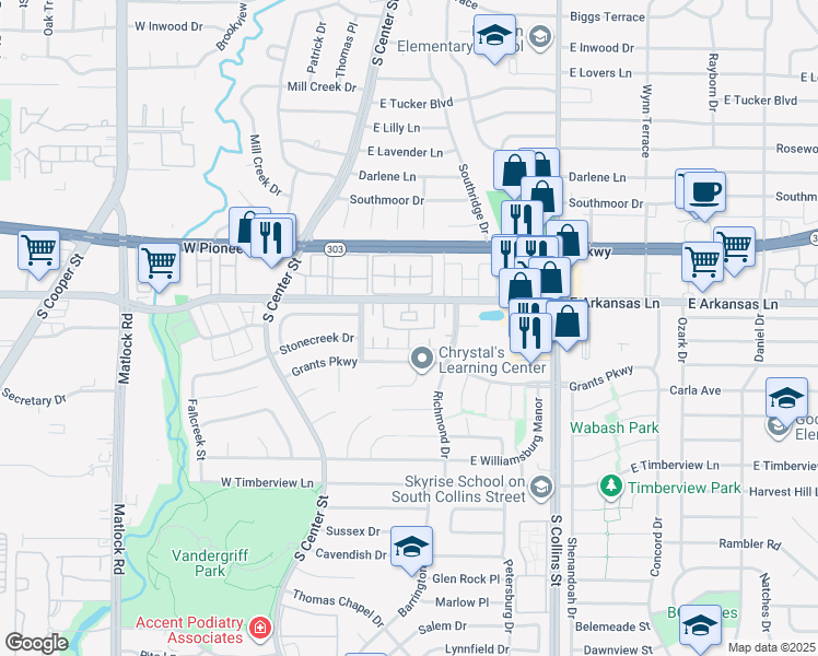map of restaurants, bars, coffee shops, grocery stores, and more near 512 East Arkansas Lane in Arlington