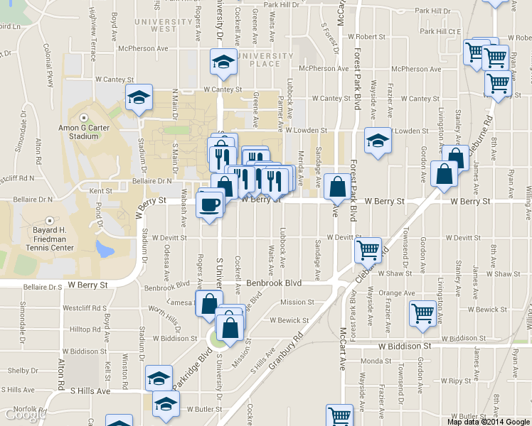 map of restaurants, bars, coffee shops, grocery stores, and more near 2525 West Berry Street in Fort Worth