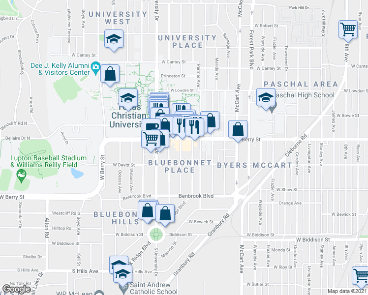 map of restaurants, bars, coffee shops, grocery stores, and more near 2525 West Berry Street in Fort Worth