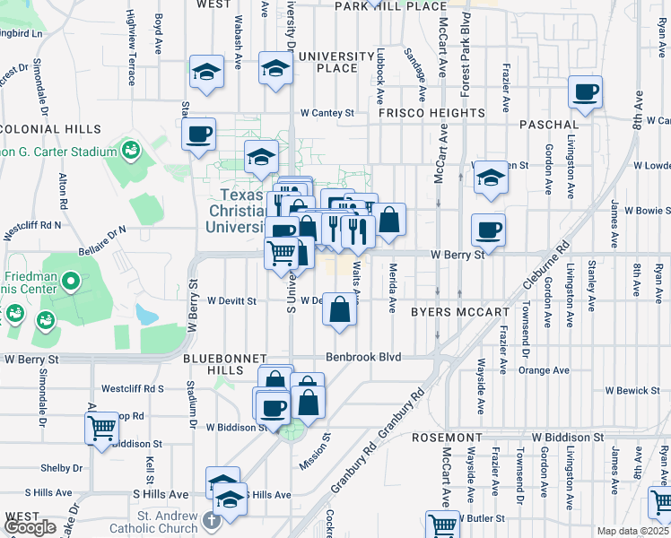 map of restaurants, bars, coffee shops, grocery stores, and more near in Fort Worth