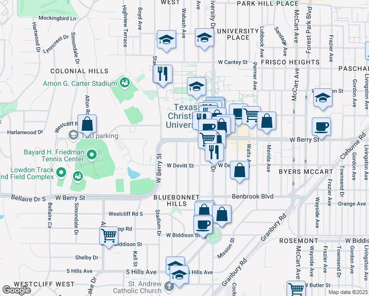 map of restaurants, bars, coffee shops, grocery stores, and more near 3105 Odessa Avenue in Fort Worth