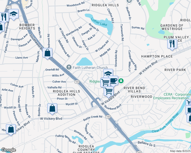 map of restaurants, bars, coffee shops, grocery stores, and more near 4500 Greenbrook Place in Fort Worth