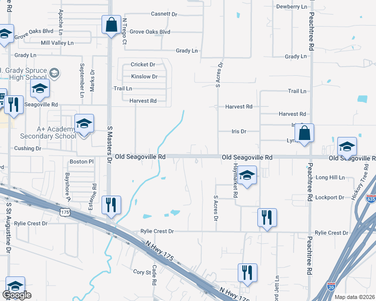 map of restaurants, bars, coffee shops, grocery stores, and more near 10603 Seagoville Road in Dallas