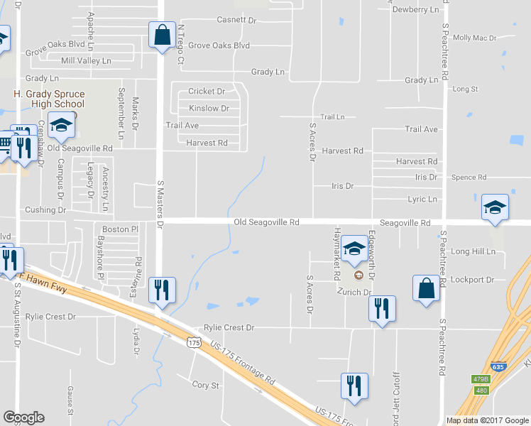 map of restaurants, bars, coffee shops, grocery stores, and more near 10603 Seagoville Road in Dallas