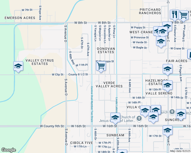 map of restaurants, bars, coffee shops, grocery stores, and more near 8479 South Yavapai Lane in Yuma