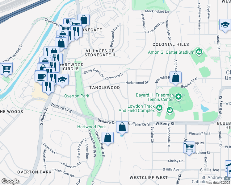 map of restaurants, bars, coffee shops, grocery stores, and more near in Fort Worth