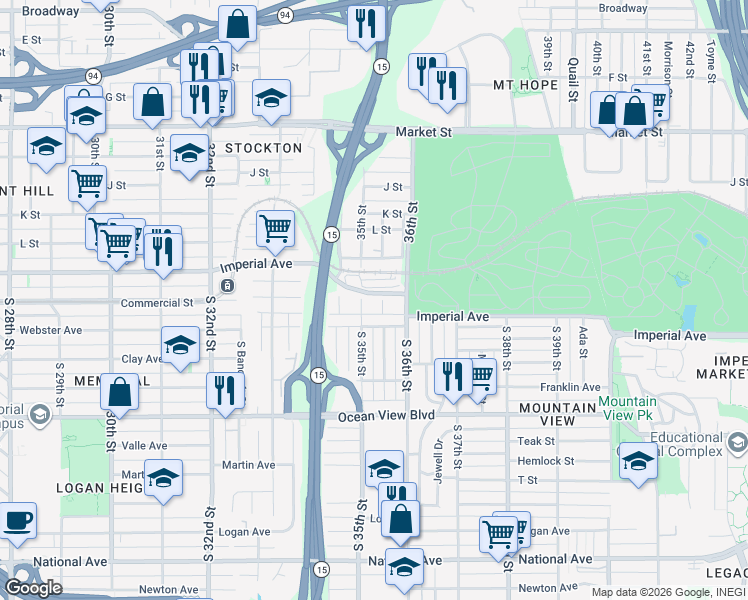 map of restaurants, bars, coffee shops, grocery stores, and more near 12 South Pardee Street in San Diego