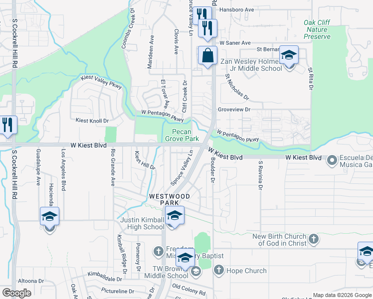 map of restaurants, bars, coffee shops, grocery stores, and more near 3411 Timbercrest Lane in Dallas