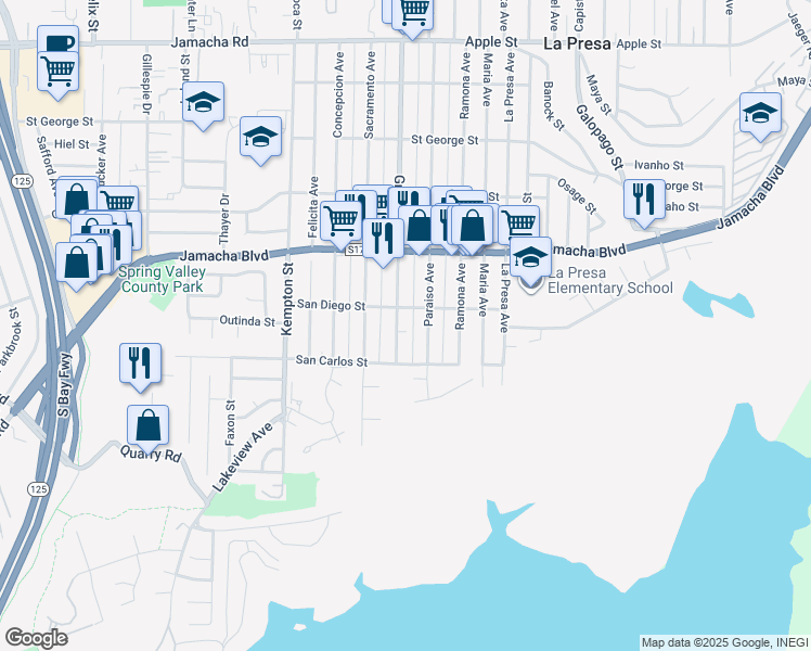 map of restaurants, bars, coffee shops, grocery stores, and more near 447 Grand Avenue in Spring Valley