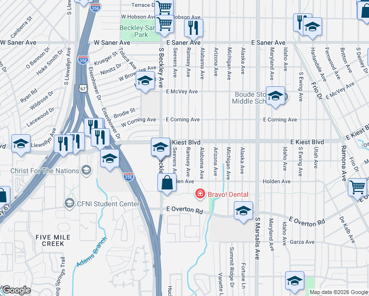 map of restaurants, bars, coffee shops, grocery stores, and more near 3138 Ramsey Avenue in Dallas