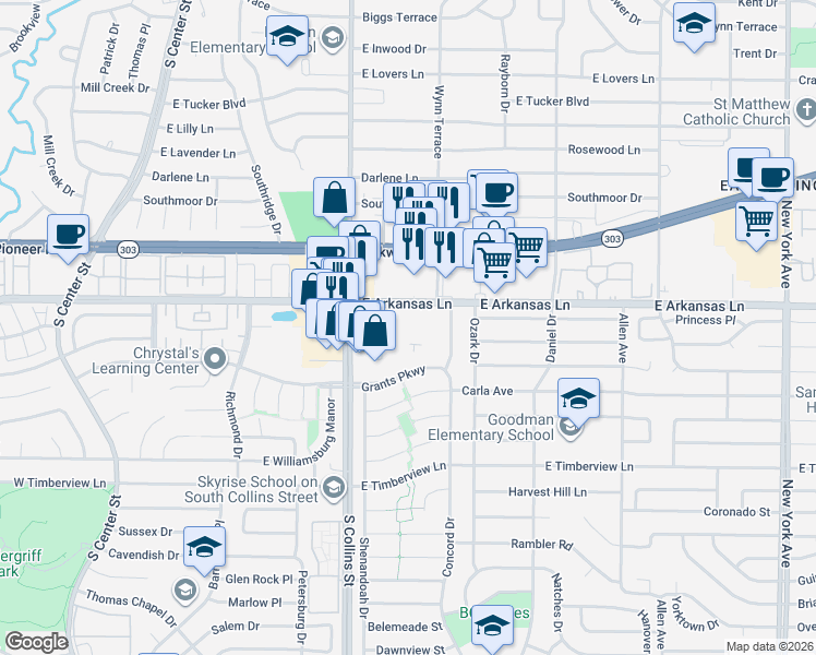 map of restaurants, bars, coffee shops, grocery stores, and more near 1010 East Arkansas Lane in Arlington