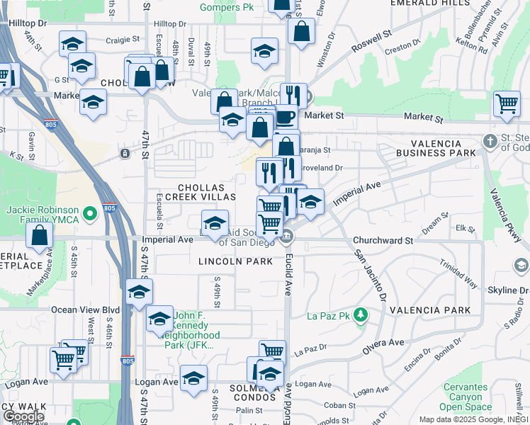 map of restaurants, bars, coffee shops, grocery stores, and more near 244 50th Street in San Diego