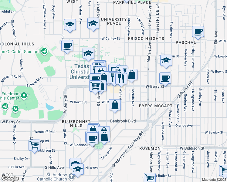 map of restaurants, bars, coffee shops, grocery stores, and more near 2911 West Berry Street in Fort Worth