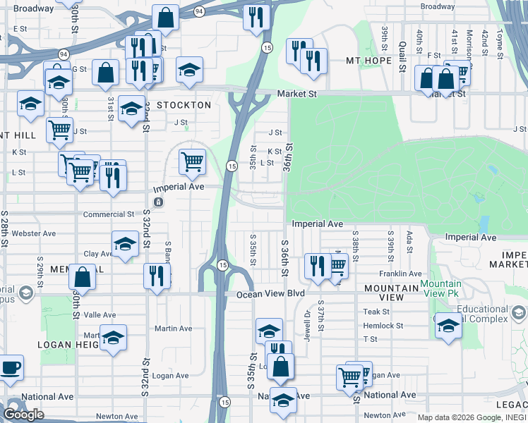 map of restaurants, bars, coffee shops, grocery stores, and more near 12 South Pardee Street in San Diego