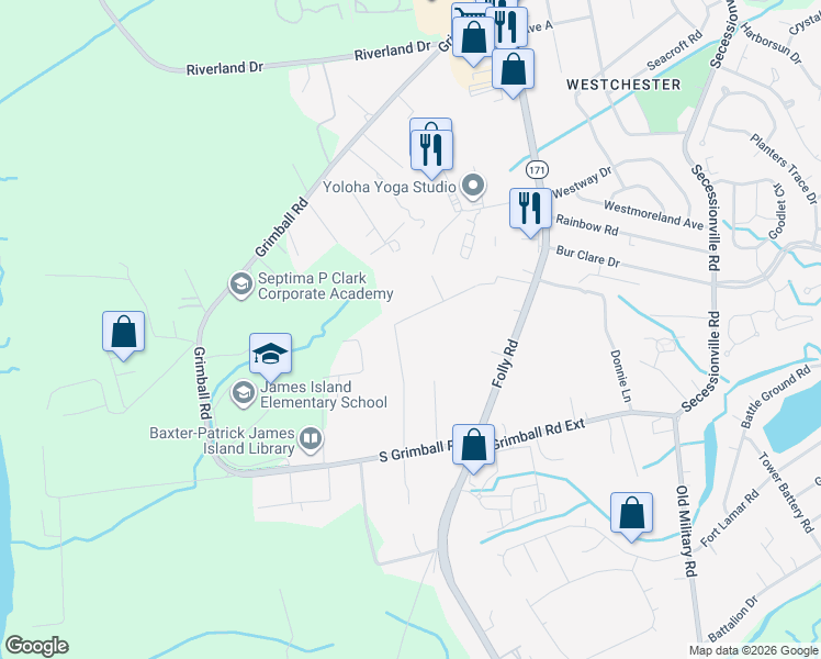 map of restaurants, bars, coffee shops, grocery stores, and more near 1555 Scott Hill Road in Charleston