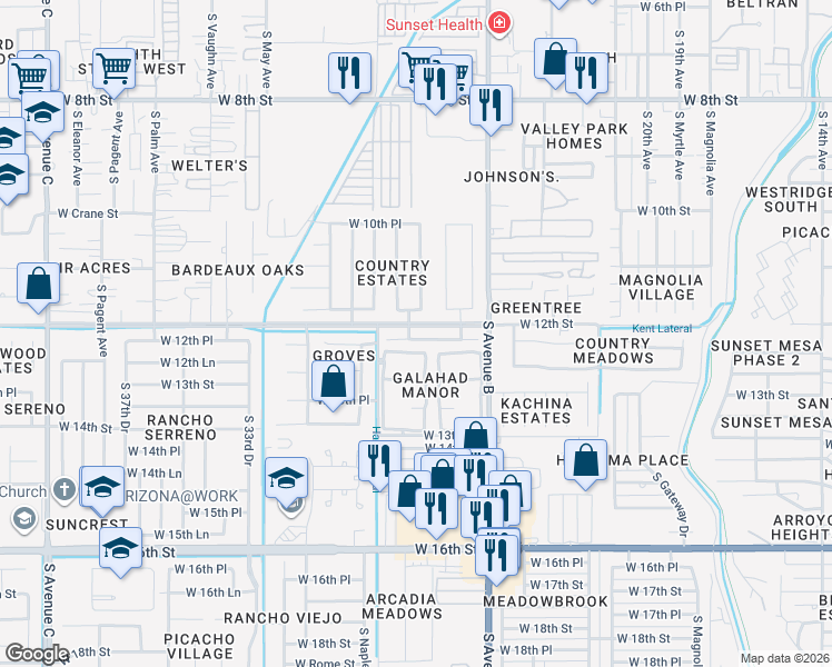 map of restaurants, bars, coffee shops, grocery stores, and more near 2600-2750 West 12th Street in Yuma