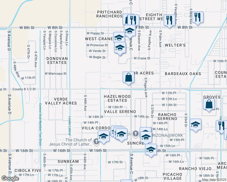 map of restaurants, bars, coffee shops, grocery stores, and more near 1214 South 41st Drive in Yuma