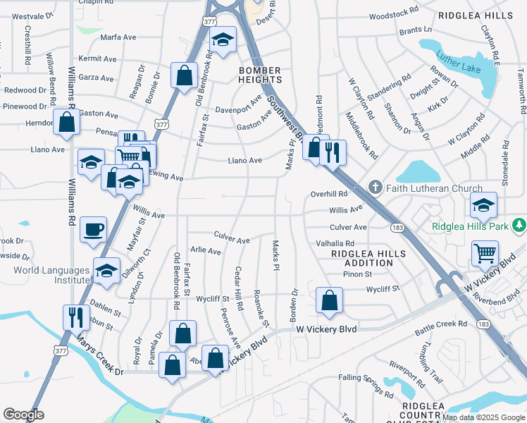 map of restaurants, bars, coffee shops, grocery stores, and more near 7308 Willis Avenue in Fort Worth