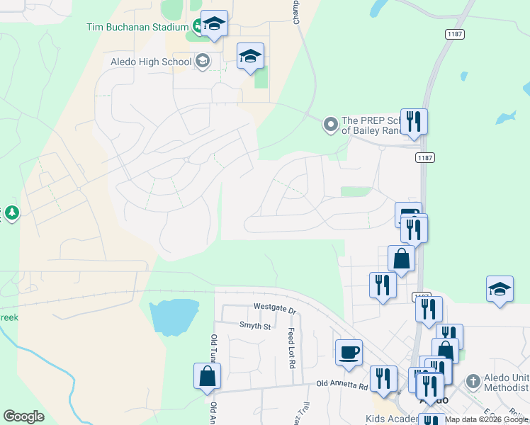 map of restaurants, bars, coffee shops, grocery stores, and more near 333 Creekview Terrace in Aledo