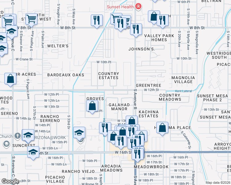 map of restaurants, bars, coffee shops, grocery stores, and more near 2600-2750 West 12th Street in Yuma