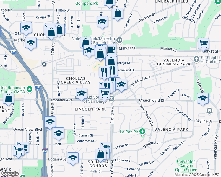 map of restaurants, bars, coffee shops, grocery stores, and more near 220 Euclid Avenue in San Diego