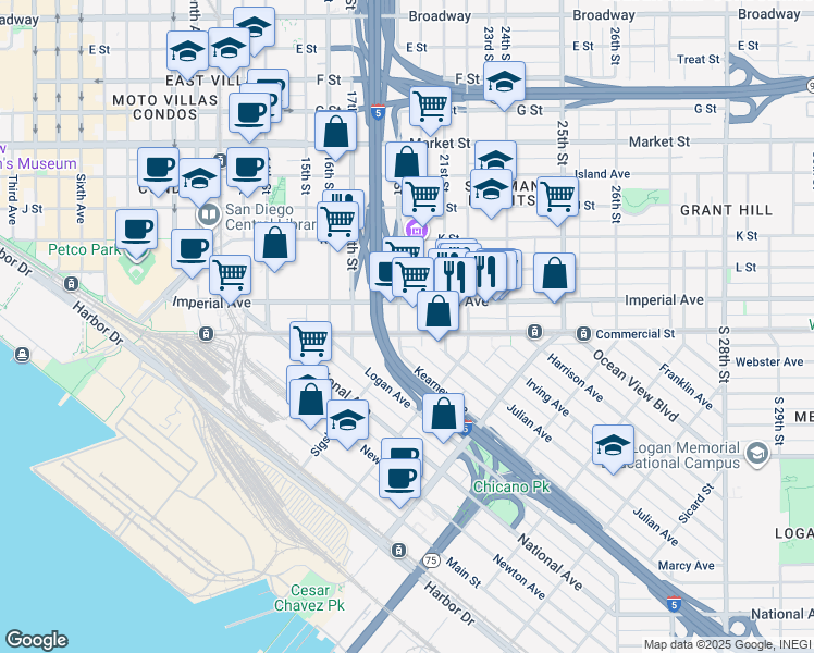 map of restaurants, bars, coffee shops, grocery stores, and more near 66 19th Street in San Diego
