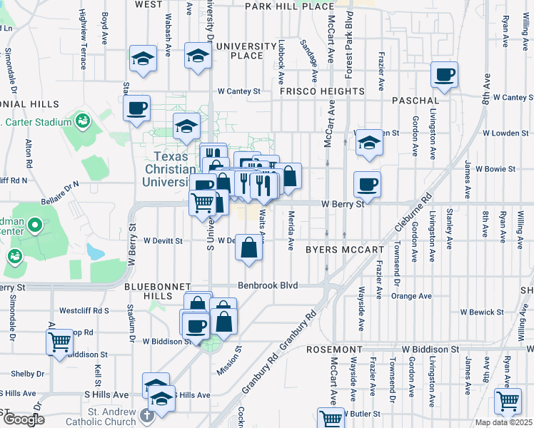 map of restaurants, bars, coffee shops, grocery stores, and more near 2525 West Berry Street in Fort Worth