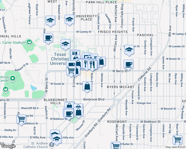 map of restaurants, bars, coffee shops, grocery stores, and more near 2525 West Berry Street in Fort Worth