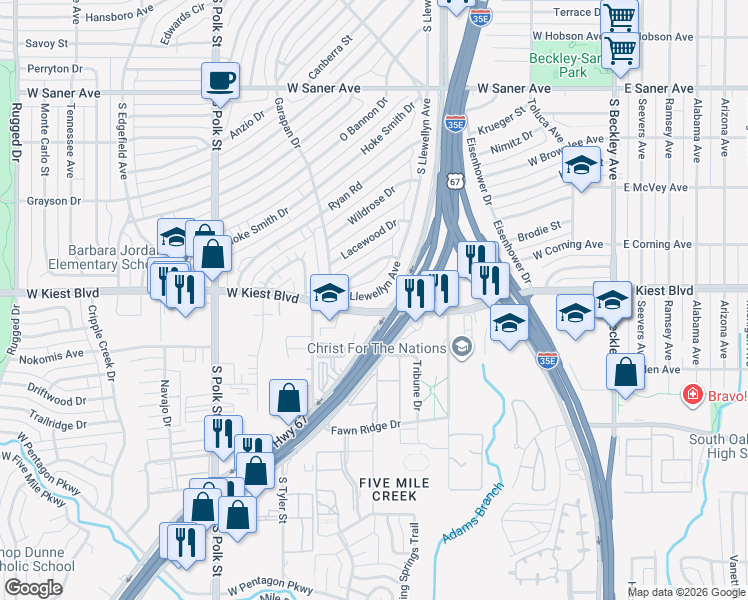 map of restaurants, bars, coffee shops, grocery stores, and more near 3248 South Llewellyn Avenue in Dallas
