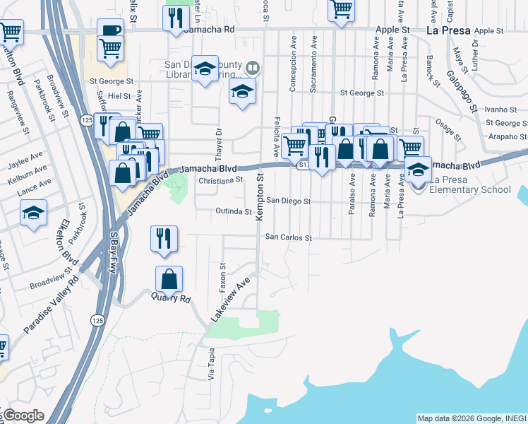 map of restaurants, bars, coffee shops, grocery stores, and more near 445 Kempton Street in Spring Valley