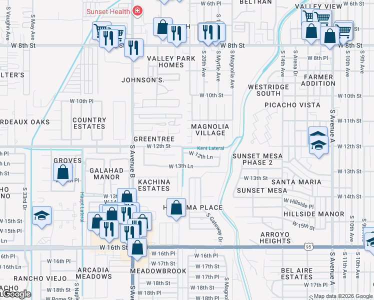 map of restaurants, bars, coffee shops, grocery stores, and more near 2196 West 12th Street in Yuma
